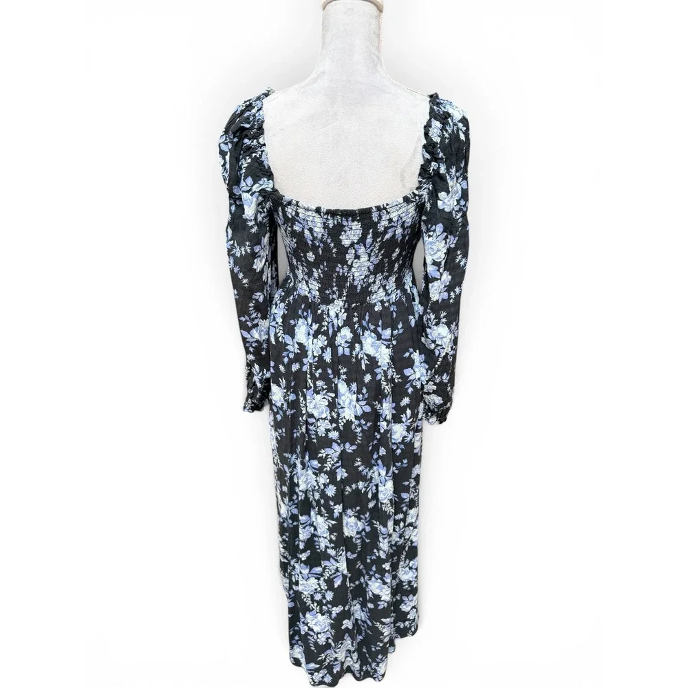 Free People Floral Maxi Dress Blue Black Small Smocked Long Sleeve Square Neck‎
